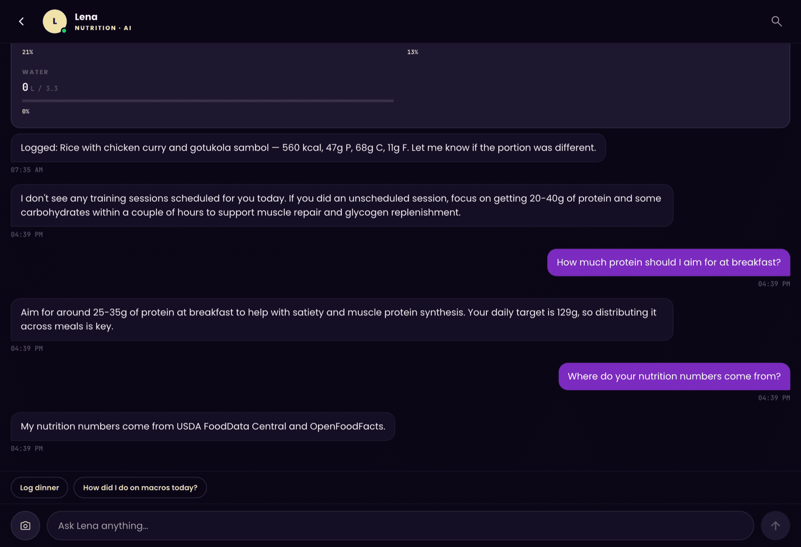 Member app — chatting with Lena, the AI nutrition coach, with cited macro sources